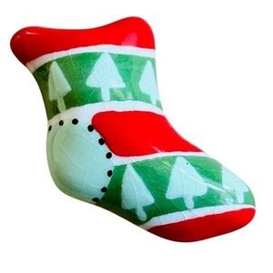 VTG Flying Colors Christmas Tree Sock stocking Pin Brooch Ceramic signed Holiday